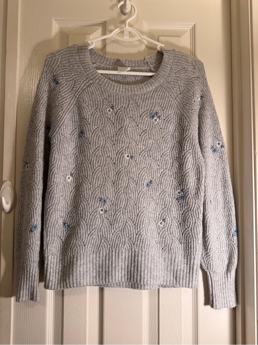 Abercrombie Kids Light Gray Knit Crewneck Sweater with Blue Flower Embroidery